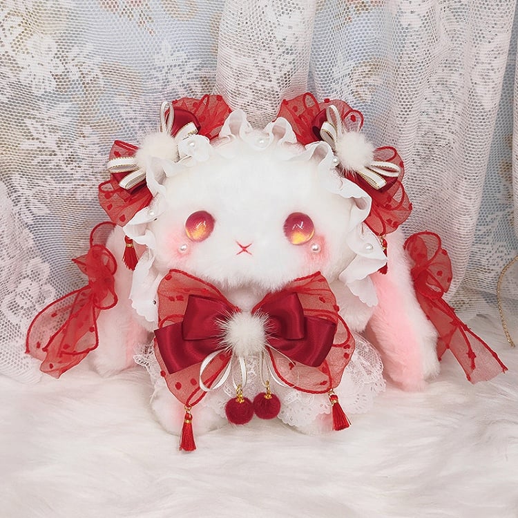 Decorated Strap Bowknot Pompom with White Rabbit Convertible Red Bag