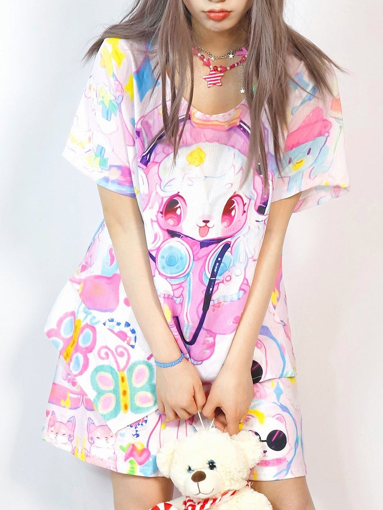 ファッションプリントの漫画袖ギャルショートカラフルシャツ
