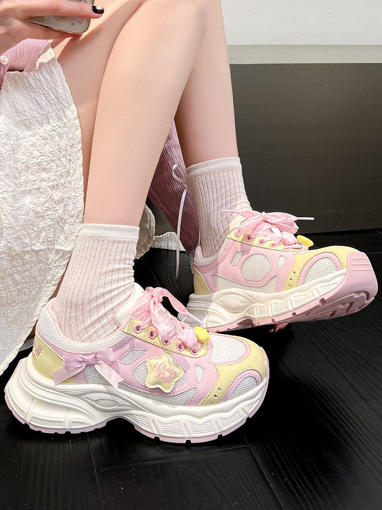 in Platform Pink Lolita Design Bow Plaid Lace-up Star Sweet Details Sneakers Yellow And