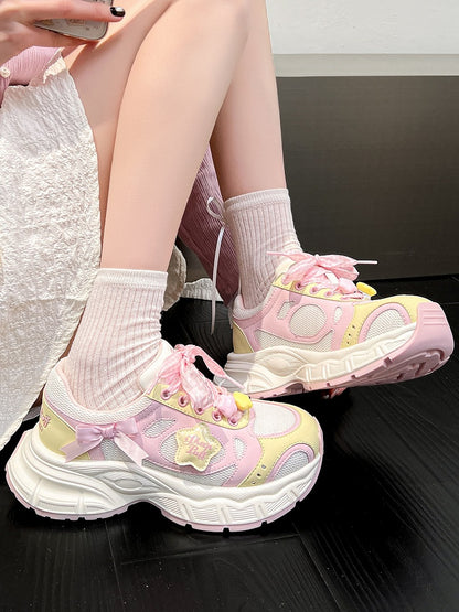 in Platform Pink Lolita Design Bow Plaid Lace-up Star Sweet Details Sneakers Yellow And