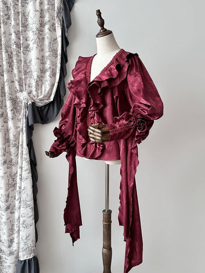 Sleeves Shirt Lolita Gothic Structured Ruffles Long V-neck Red
