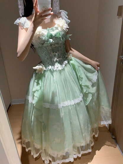 Version Long Floral + Lolita Green Top Frog Skirt with Jasmine-Embellished Buttons Corset Print