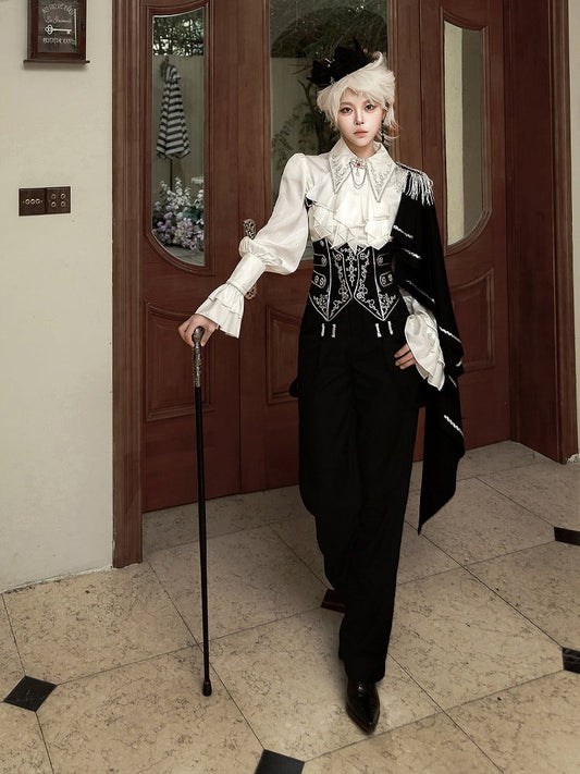 Belt+Black Corset Lolita Pants Pieces Three Prince Shirt+Embroidered Cape Set-One-Shoulder Ouji