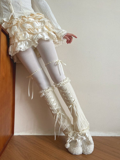 White Knit Lace with and Trim Leg Cable Bowknot Warmers Strip