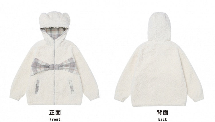 Milchweiß karierter Fleece-Kapuzenpullover mit Schleife und Bärenohren
