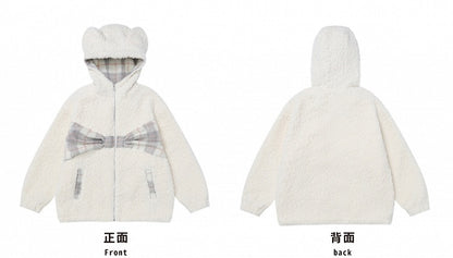 Milchweiß karierter Fleece-Kapuzenpullover mit Schleife und Bärenohren