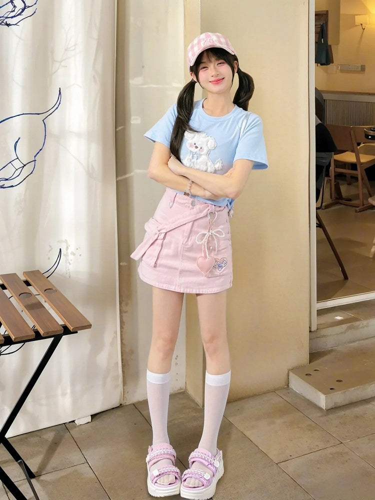 かわいいブルー/ピンクのぬいぐるみの子犬のアップリケTシャツ 夢