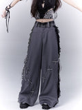 Dark Gray Lace Patches Lace-up with Casual Pants Details Side