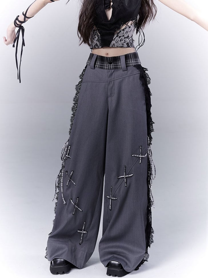 Dark Gray Lace Patches Lace-up with Casual Pants Details Side