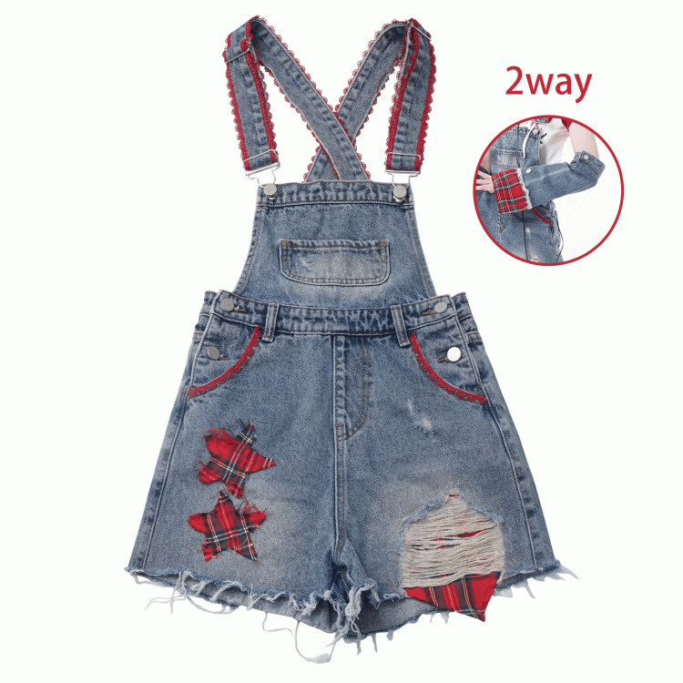 Distressed Denim Shorts Raw mit Overall-Applikationen Blauer Stern Saum Löcher Armwears Plaid Free