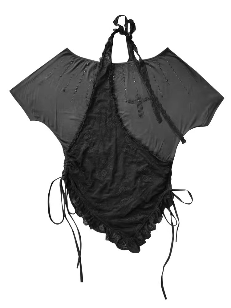 T-Shirt Neckholder Schwarz Kreuz Strass Gebogener Saum