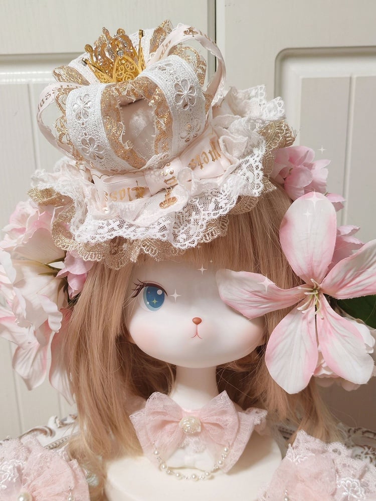 Hat Lolita Pink Gorgeous Crown Mini White Lace Gold Clip With