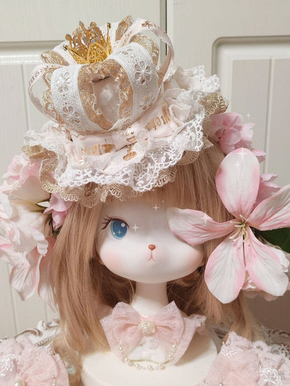 Hat Lolita Pink Gorgeous Crown Mini White Lace Gold Clip With