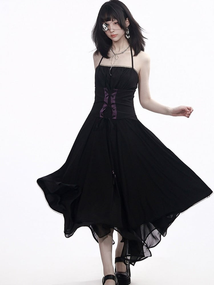 Long Black Halter Dress with Asymmetrical Hem - PINK SAVIOR