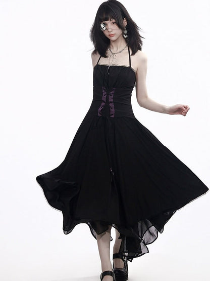 Long Black Halter Dress with Asymmetrical Hem - PINK SAVIOR