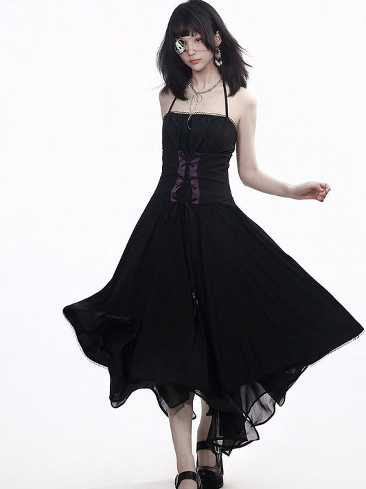 Robe longue noire à licou et ourlet asymétrique - PINK SAVIOR