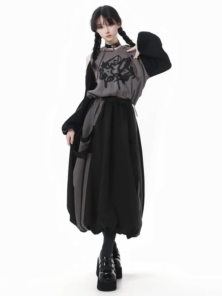 Print Colorblock Design Drawstring Gray Hem Hoodie and Cutout Shoulder Star Black