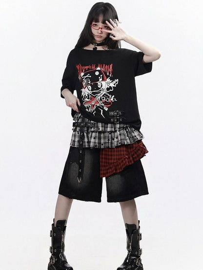 Red & Black Asymmetrical Plaid Skirt Overlay - PINK SAVIOR