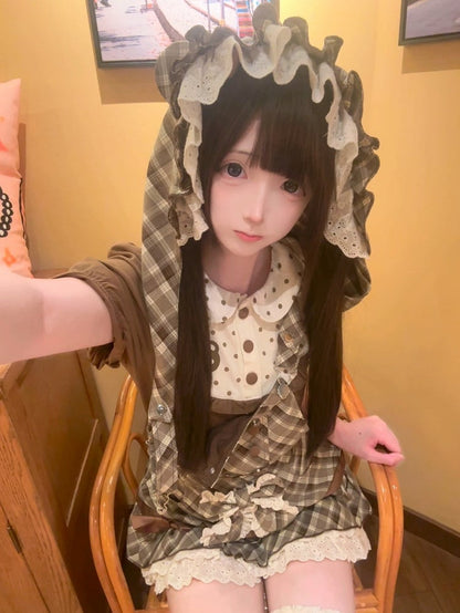 Brown Plaid Convertible Overalls Dress with Bear Hat - kukuwa