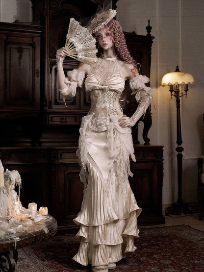 Hem Flounce Light Flowing Pleated Layered Mermaid Design Skirt Beige