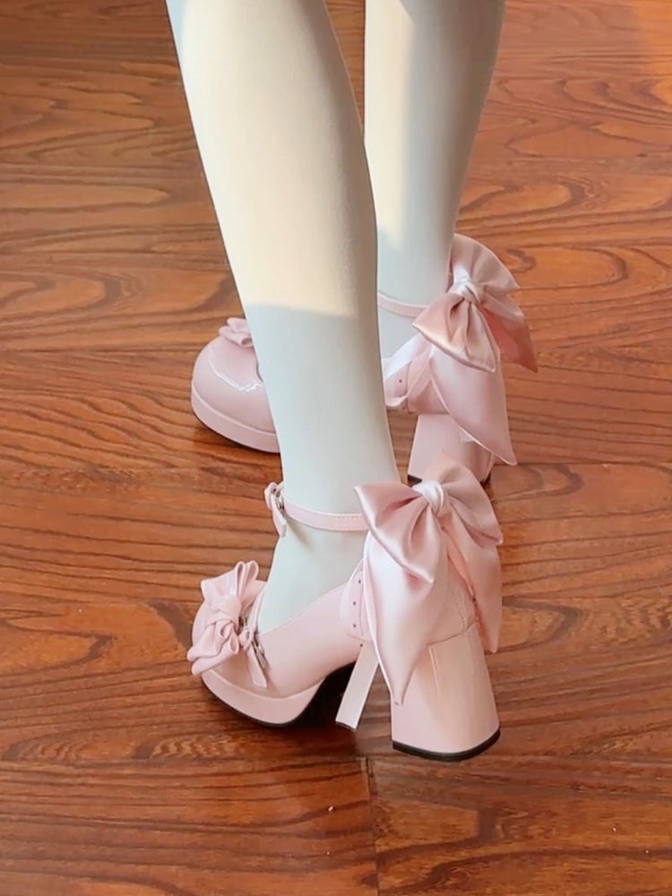 Lolita Mary Elegant with Pink Design High-heel Snap Bows Detachable Janes