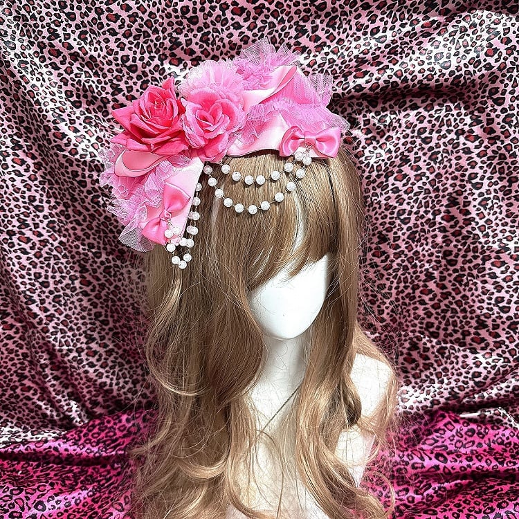 Red Fashion Pink Hime with Y2K Rose Gyaru / Chain Beaded Hair Showa Clip