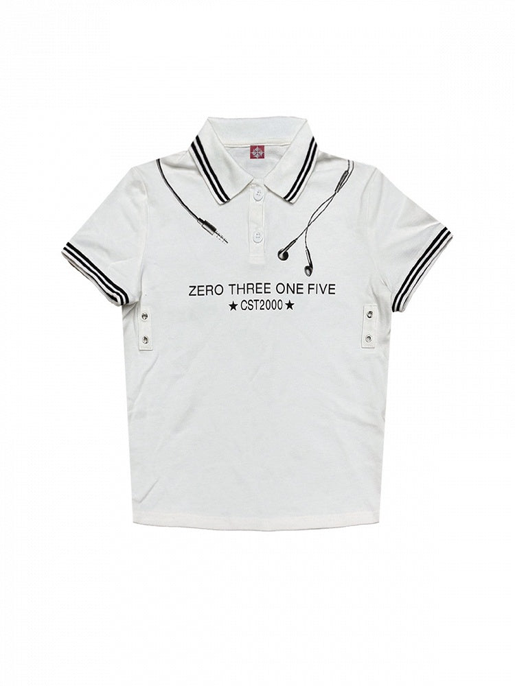 White Striped Polo Shirt with Headphone and Letter Print - DETW OnLine