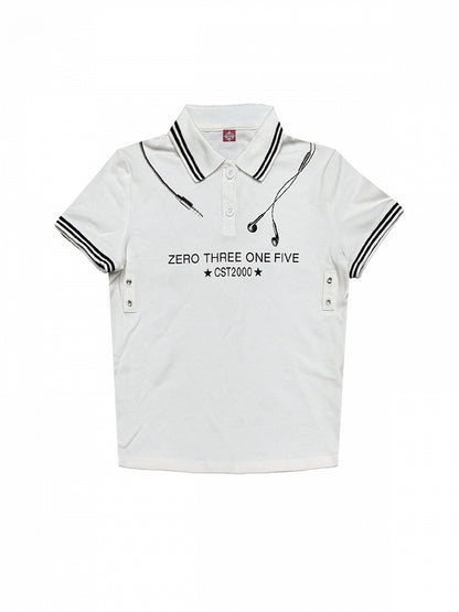 White Striped Polo Shirt with Headphone and Letter Print - DETW OnLine