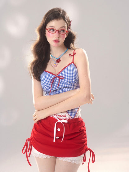 Dunkelblaues Cami-Top mit asymmetrischem Saum und Karomuster