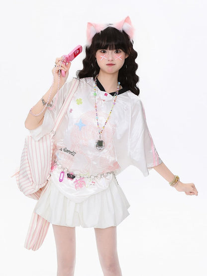 Blue/Pink Oversized Satin Short Sleeve T-Shirt with Clover