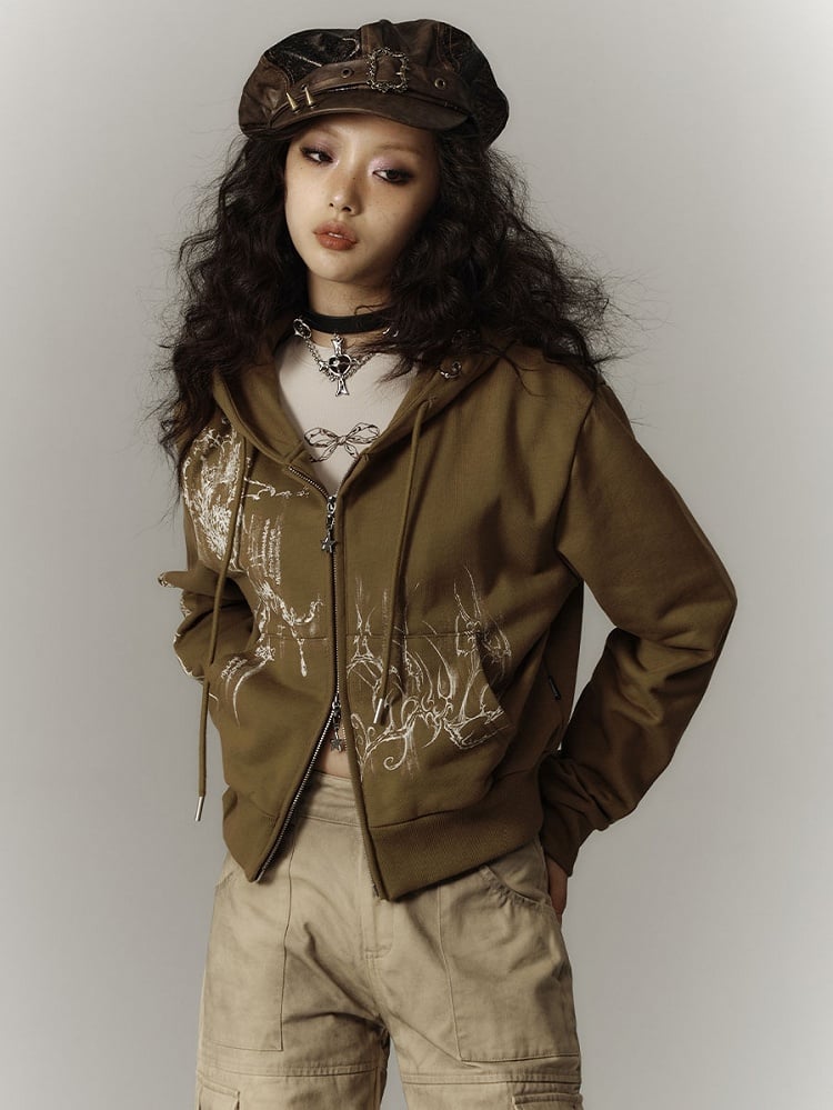 Zwei-Wege-Knopfleiste und Kordelzug Kapuze Leichte Reißverschluss-Kapuzenjacke mit Grün / Grau