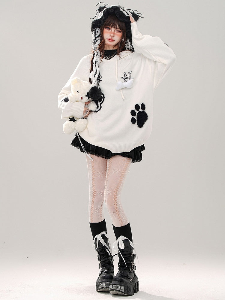 Black/White Cute Paw Appliques Puppy Ears Hoodie