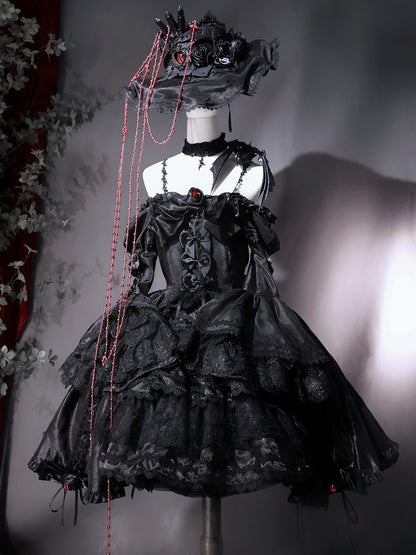 Kuro Kordelzugkleid Glockenärmel Rock Gothic Schwarz Bowknot Lolita Details und Lagen