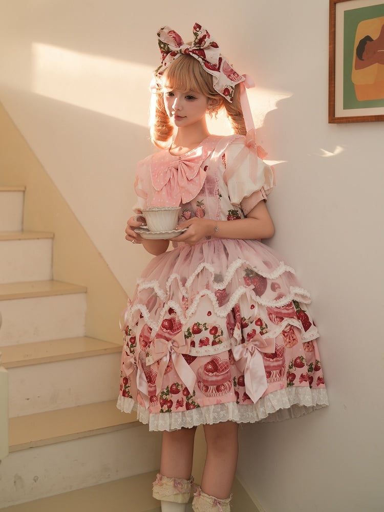 Strawberry Print Pink Sweet Peter Pan Collar Lolita One Piece Full Set