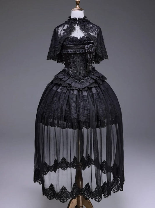 Black Elegant Classic Loli Dress Set with Cape and Brooch - Airfreeing