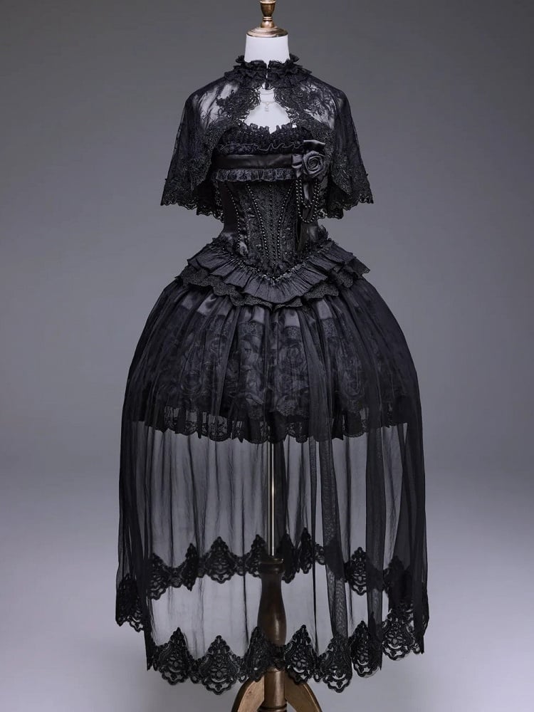 Black Lolita Dress Set with Basque Waist and Lace-Up - Airfreeing