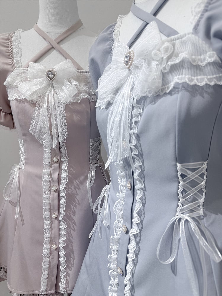 mit Dusty Dress Jirai und Kei Blue Tie Buttons Set: Neck Heart Neckholder Shorts verstellbar