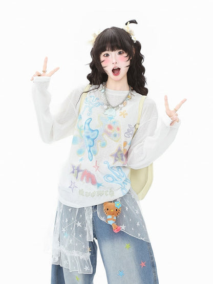 Sun Protection Long Top Vibrant Loose-Fit White/Green Sleeve Print