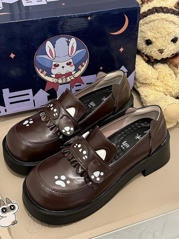 Shoes Cat PU Design with Accents Ear Preppy Print Style Slip-On - Mid-heel Brown Paw