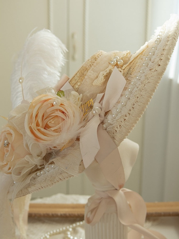Design Floral Feather Beaded And Straw Hat Decorated Beige