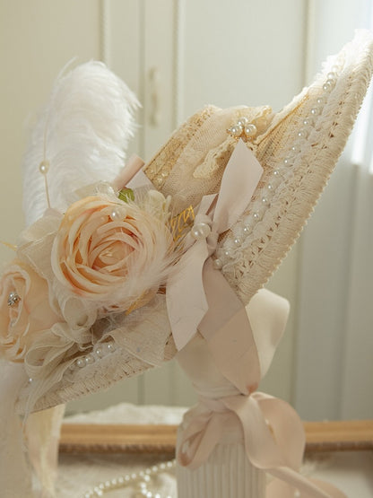 Design Floral Feather Beaded And Straw Hat Decorated Beige