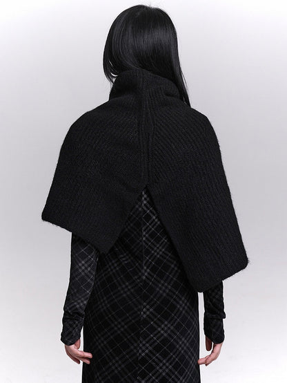 Rear Shawl Black Neck Mock Placket Buttoned Knitted - Slit Detail