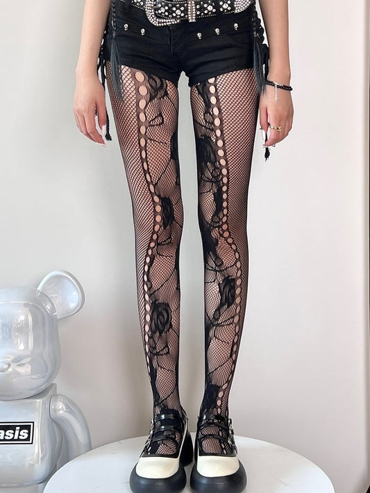 Black/White/Brown Cut-out Floral Tights Y2K Pattern Design