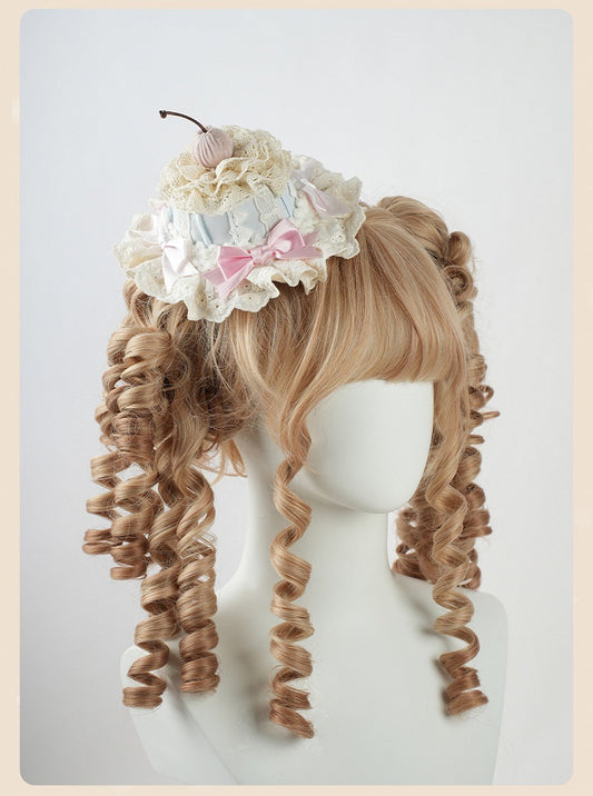 Sweet Lolita Blue and Pink Bow Cherry Cake Layered Lace Trim Hat