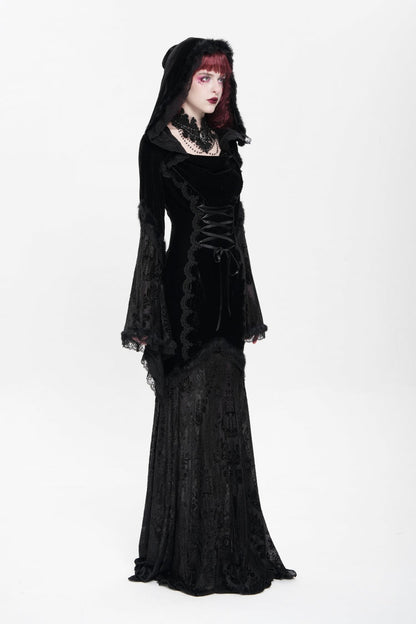 Black Long Trumpet Sleeve Hooded Mesh Gothic Dress Embroidery