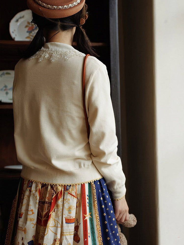 White Embroidered Pattern Elegant Lolita Knit Cardigan - Crucis Universal Tailor Company