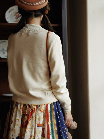 White Embroidered Pattern Elegant Lolita Knit Cardigan - Crucis Universal Tailor Company