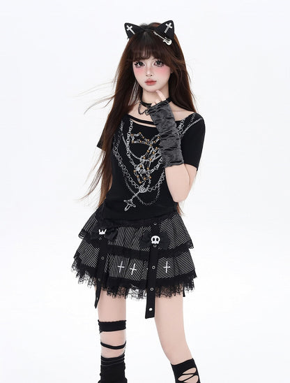 Black Striped Tiered Lace Skirt with Skeleton Bow Clips - CRAZY GIRL