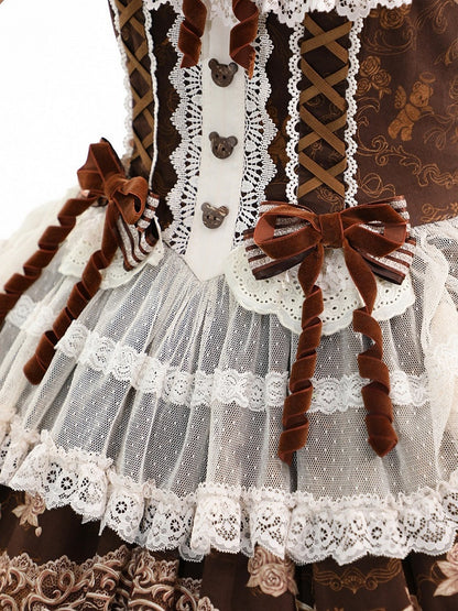 Vintage Brown Bear Symphony Theme Lolita JSK with Bow & Lace Accents - Twin Bear Original Design