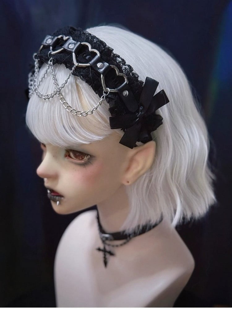Punk Lolita KC Headband with Lace and Heart Chain - Strange Sugar